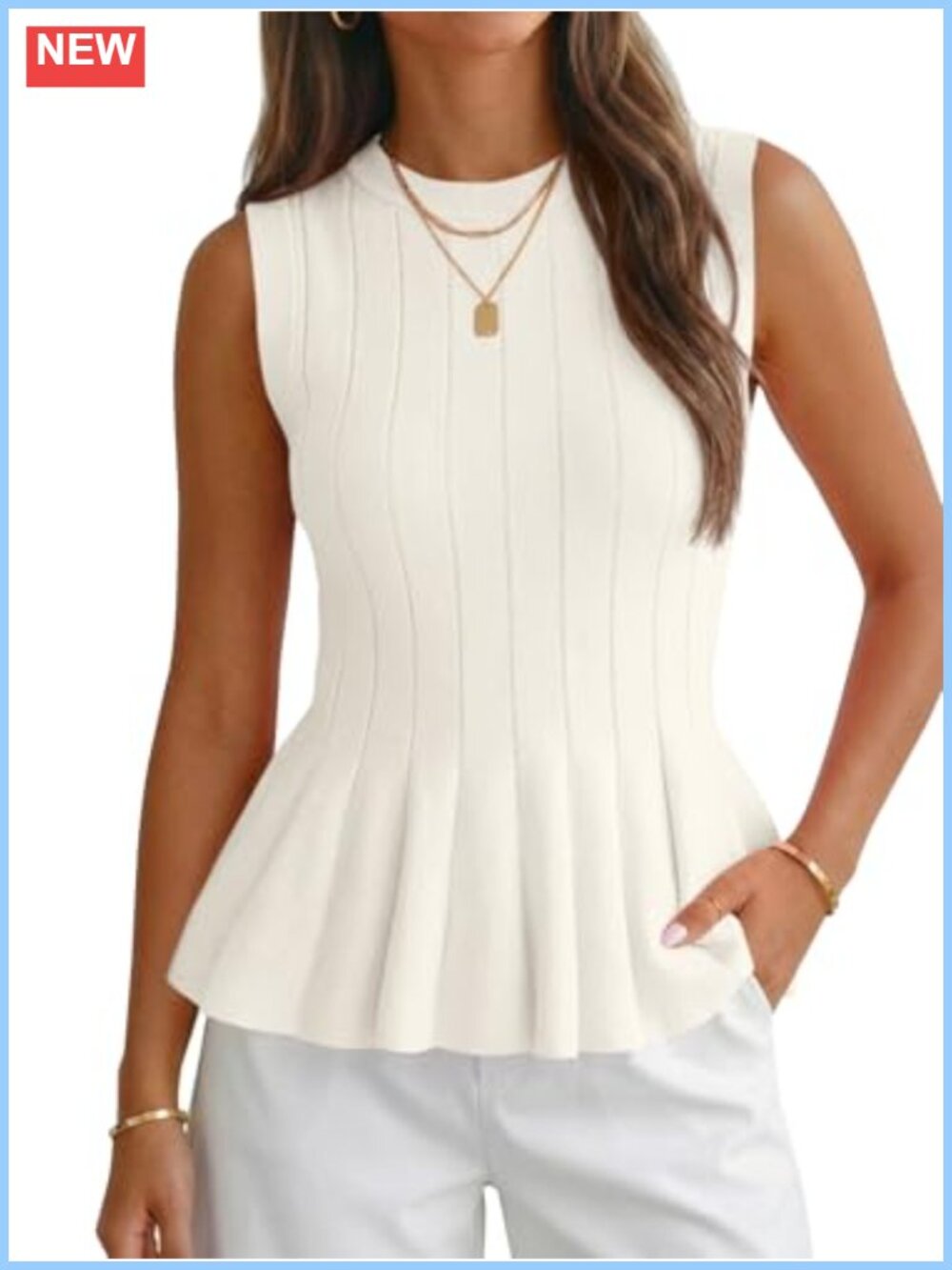 Pleated Peplum Tank Top Fitted Ribbed Knit Blouse